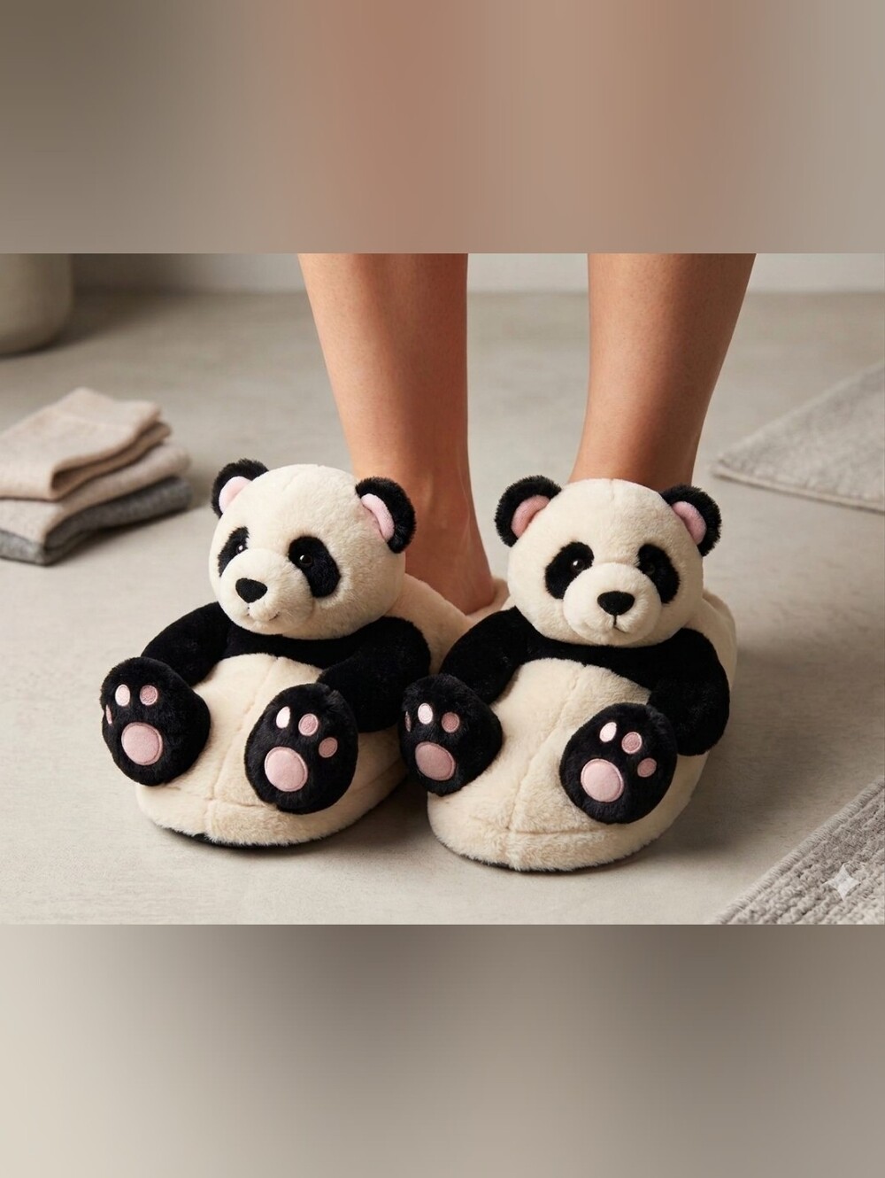 Women’s Plush Panda Slippers - Black & White NWT